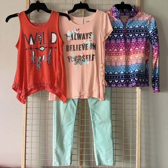 Girls L 10-12 4pc All Season Outfit Jeggings Set 1 Fleece 1 Tshirt 1 Sleeveless - Picture 1 of 7